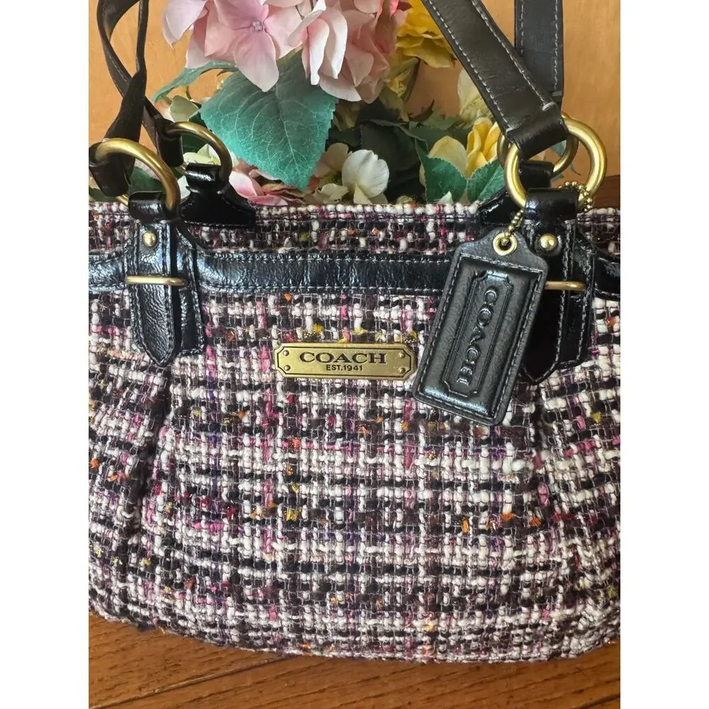 COACH F20025 Galaxy Tweed Tote Black Patent Leather Shoulder Bag (170